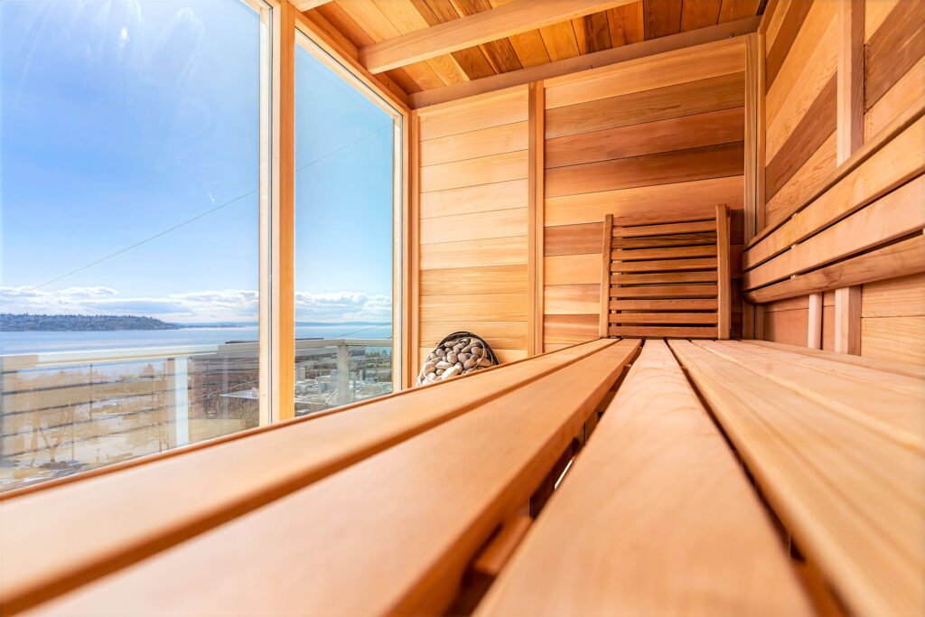Inside the Sauna in the Sky, a cedar sauna on the roof of Massage Reimagined in Lower Queen Anne