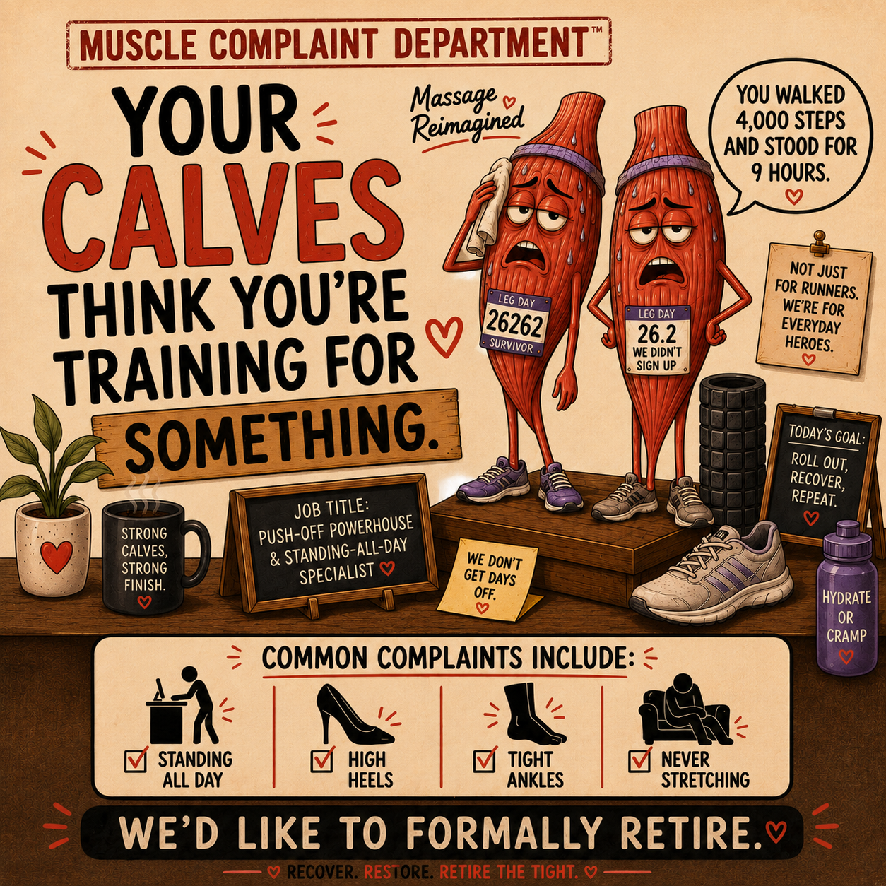 Illustration of exhausted calf muscles at a desk complaining about standing, walking, tight ankles, and lack of recovery.