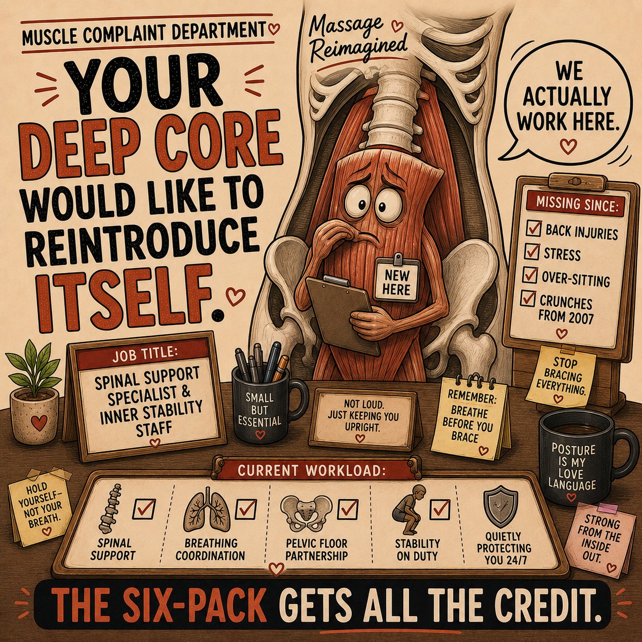 Illustration of the deep core muscles reintroducing themselves while the six-pack receives all the attention.