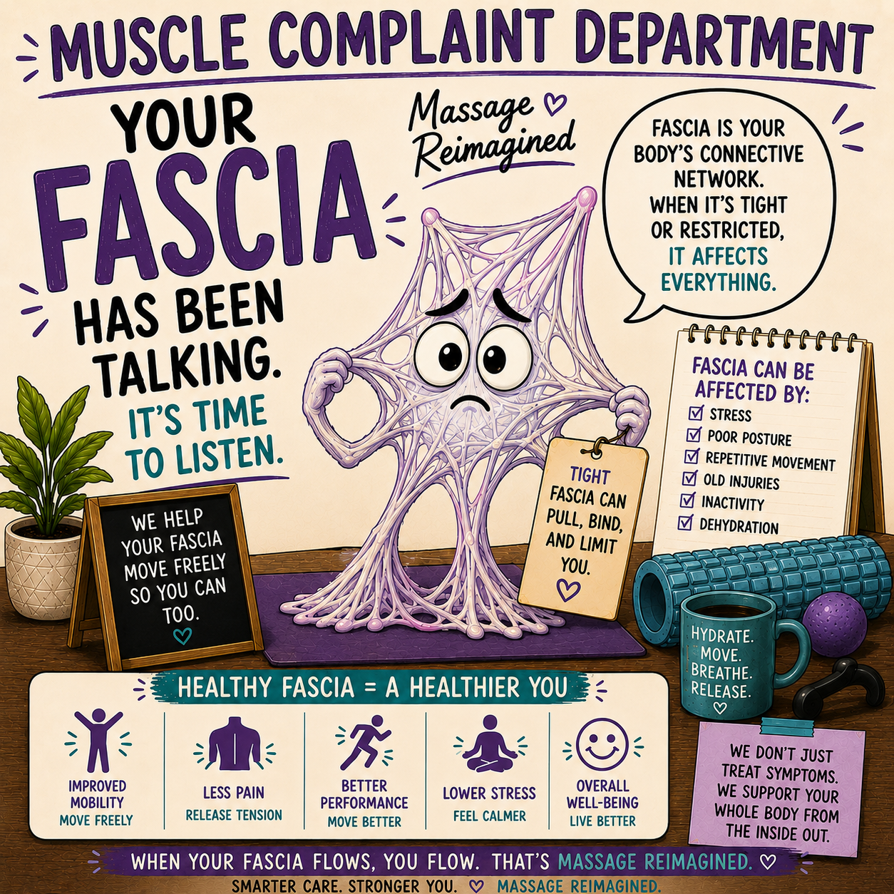 Illustration of a worried web-like fascia character explaining that connective tissue affects movement throughout the body.