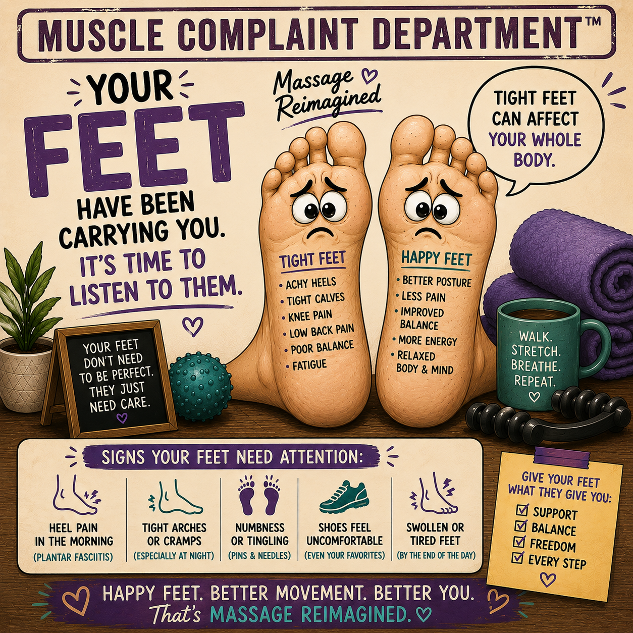 Illustration of two feet listing signs they need attention, including heel pain, tight arches, numbness, and fatigue.