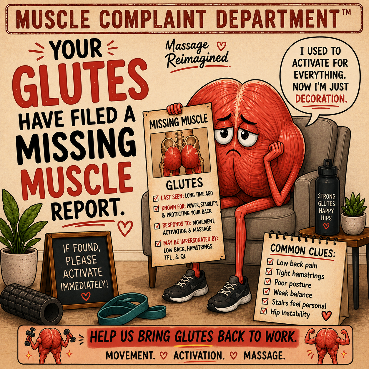 Illustration of tired glute muscles filing a missing muscle report in the Muscle Complaint Department series.