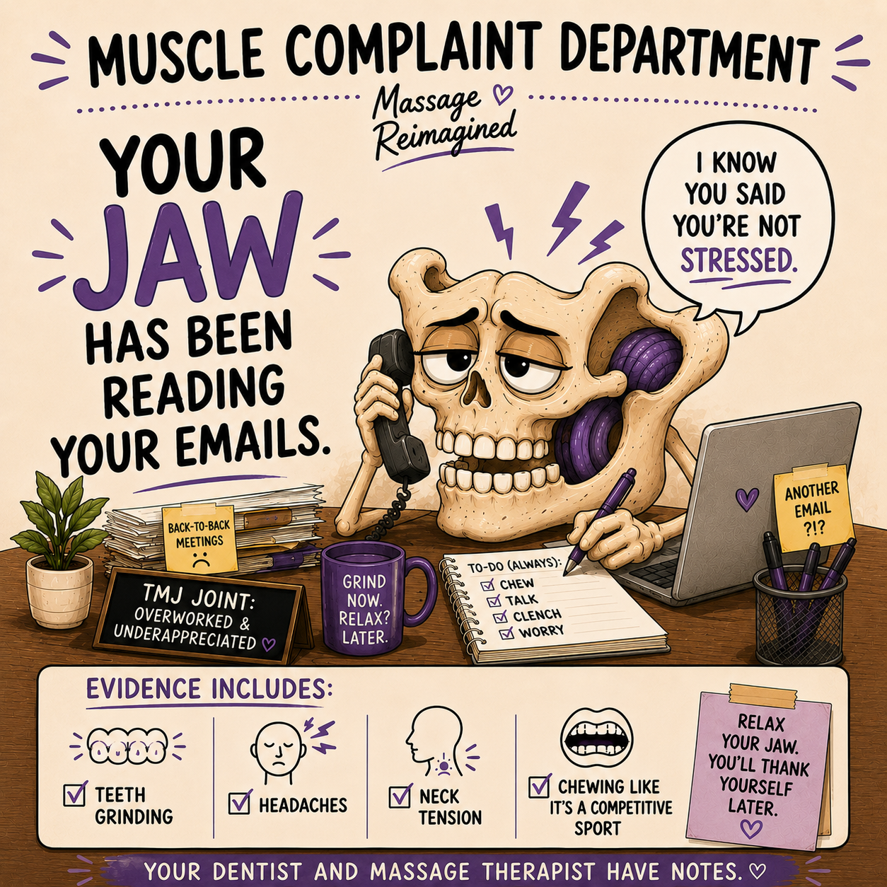 Illustration of a stressed jaw reading emails, clenching teeth, and showing signs such as headaches and neck tension.