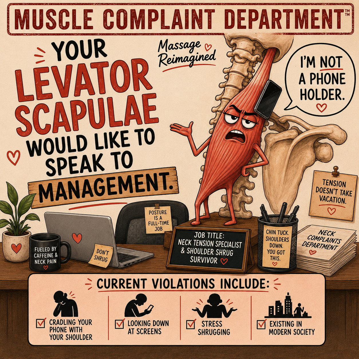 Illustration of the levator scapulae muscle holding a phone and asking to speak to management about neck tension.