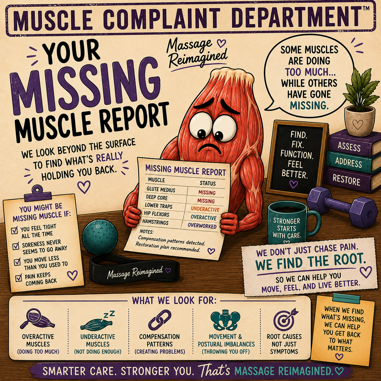 Illustration of a muscle holding a missing muscle report that lists overactive, underactive, and compensating muscles.