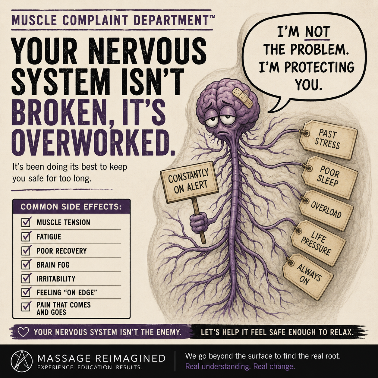 Illustration of an overworked nervous system carrying stress, poor sleep, overload, and life pressure while saying it is trying to protect you.
