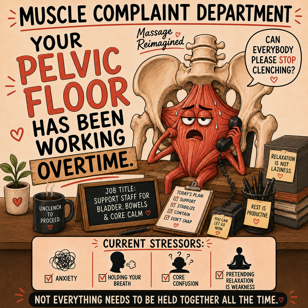 Illustration of an exhausted pelvic floor muscle under the pelvis asking everyone to stop clenching.