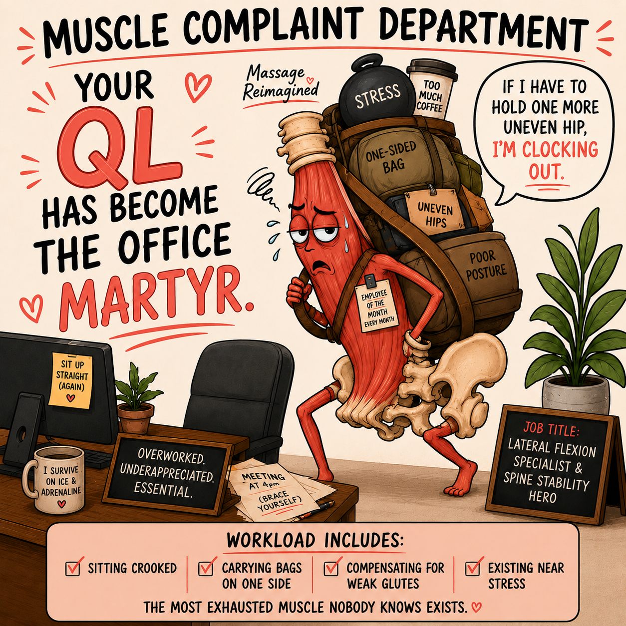 Illustration of an overworked quadratus lumborum muscle carrying stress, an uneven bag, poor posture, and hip imbalance.