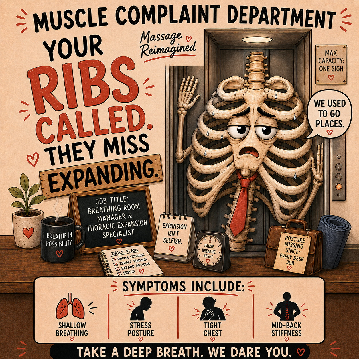 Illustration of a rib cage in an elevator saying it misses expanding, with shallow breathing and mid-back stiffness listed as symptoms.