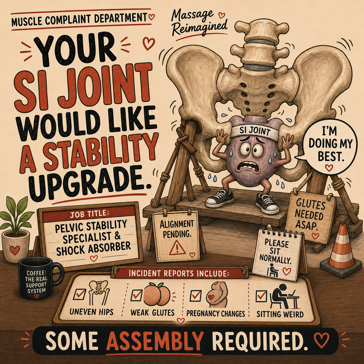 Illustration of an SI joint asking for a stability upgrade while supported by the pelvis and surrounding structures.