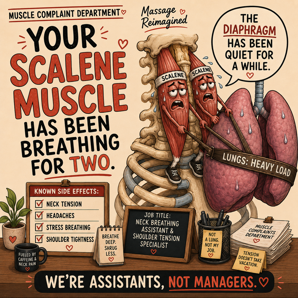 Illustration of two scalene muscles carrying the lungs and complaining that the diaphragm has been quiet for too long.
